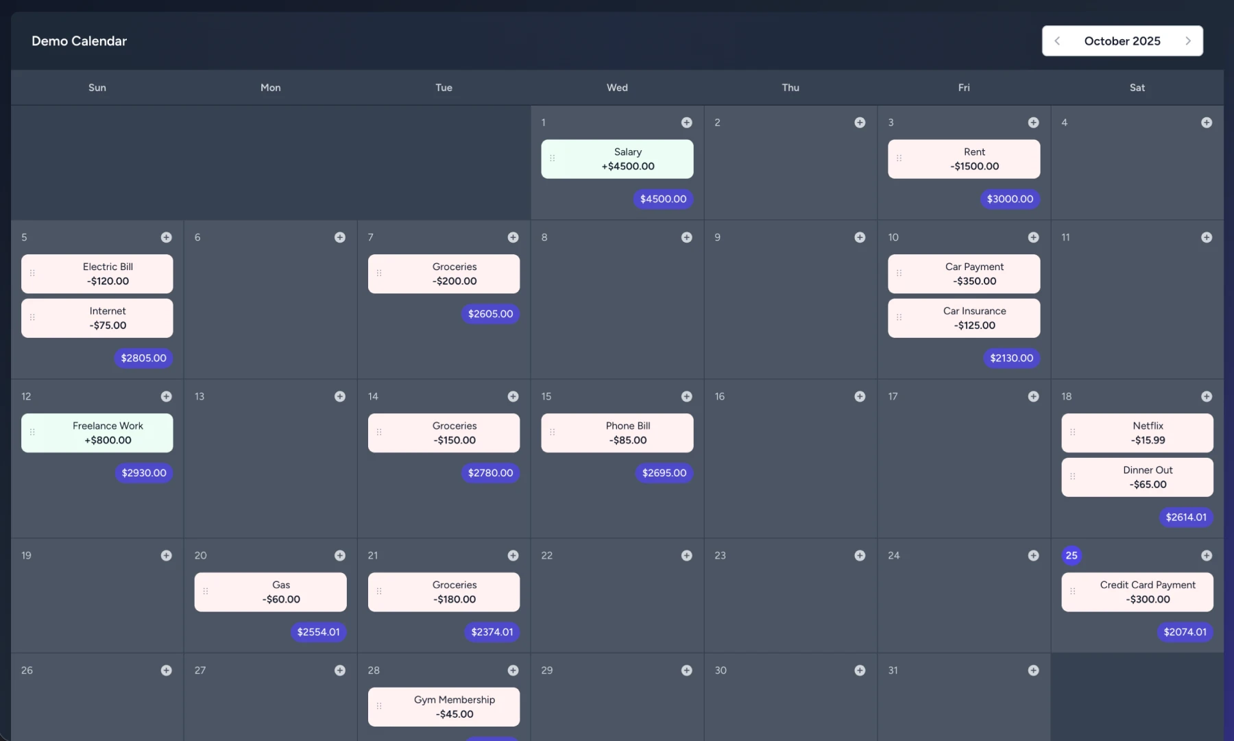 CashByMonth Calendar Demo - Dark Mode