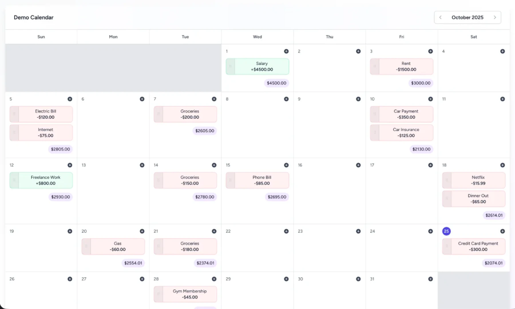 CashByMonth Calendar Demo - Light Mode